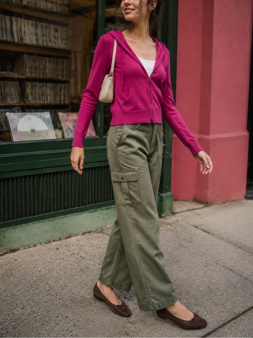 Eileen Fisher Organic Cotton Zip Front Hooded Knit Cardigan Raspberry Pink